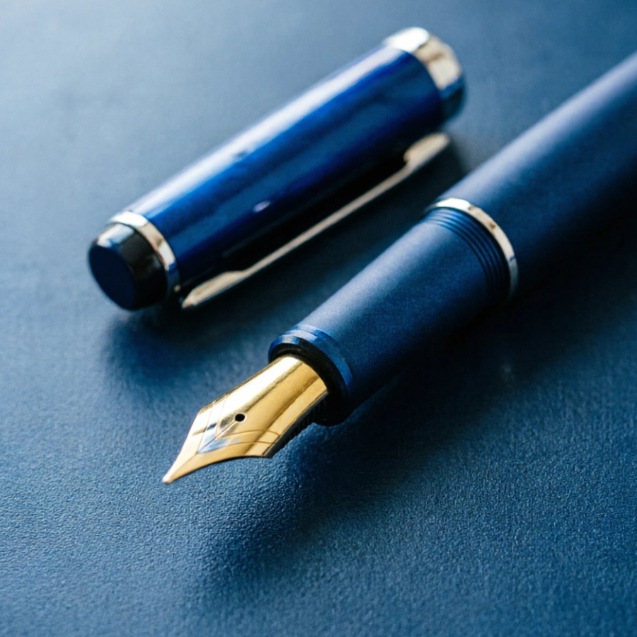A blue fountain pen lies on blue